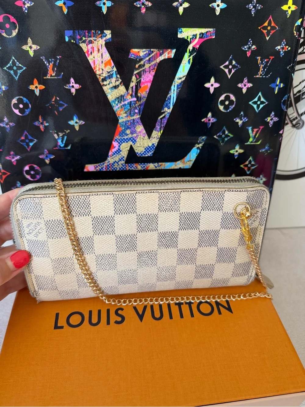 Louis Vuitton Authentic Damier Azur Zippy Long Wallet Purse with Chain